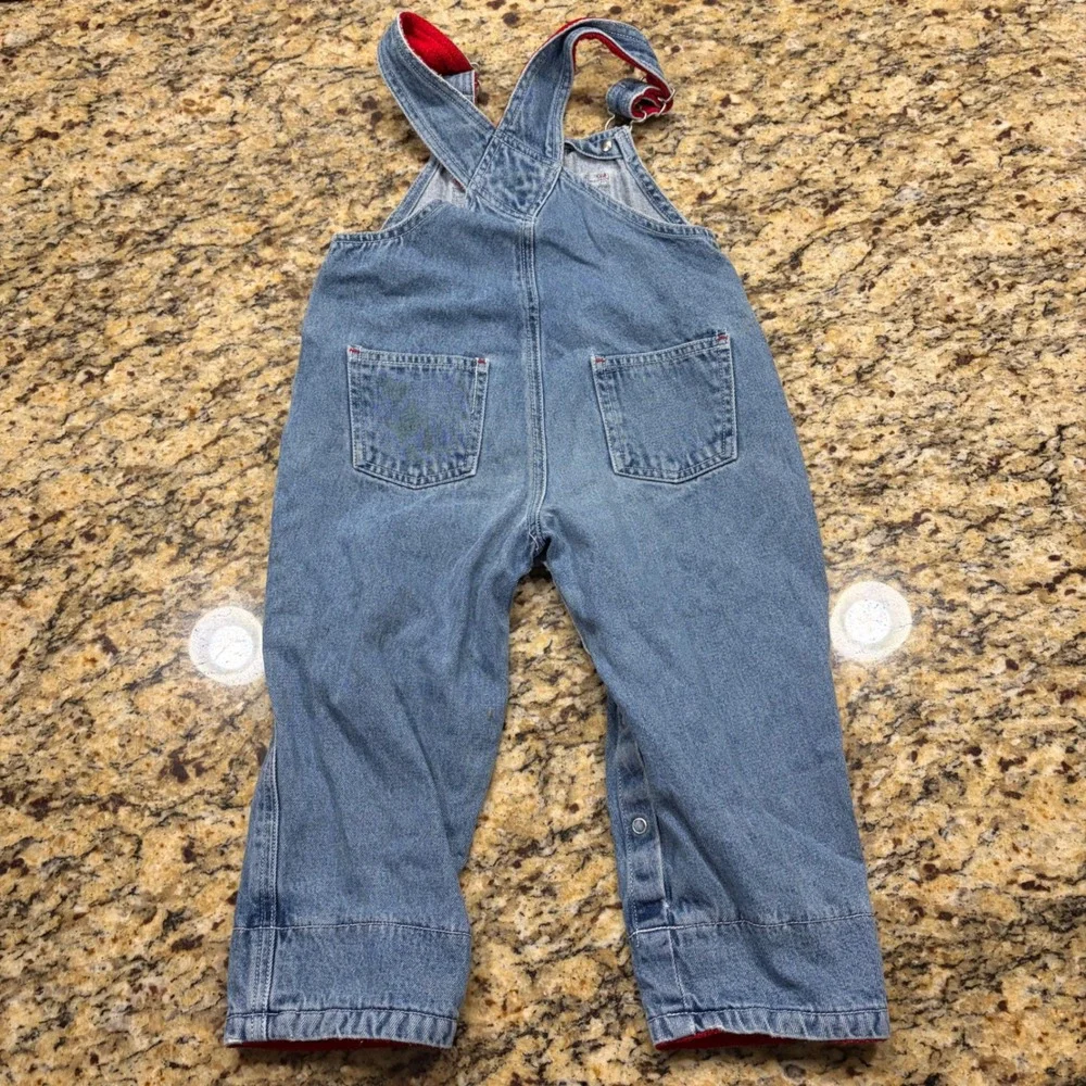Vintage Old Navy Ski Patrol Fleece Lined Denim Overalls Kids 24-30 M Red Blue